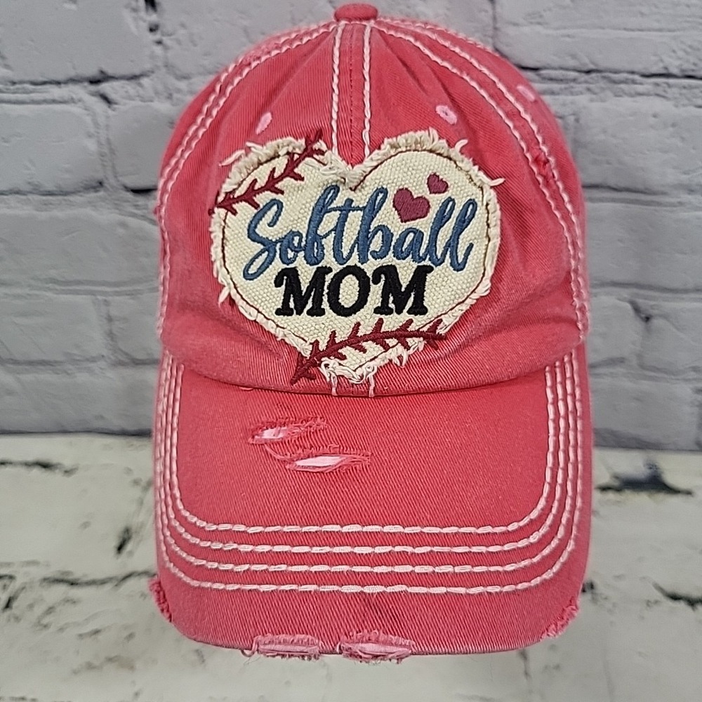 Kbethos Softball Mom Heart Patch Hat Pink Distressed‎ Adjustable Ball Cap